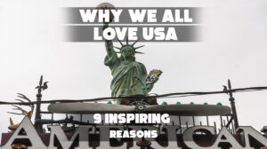 American flag with iconic landmarks symbolizing national pride.
