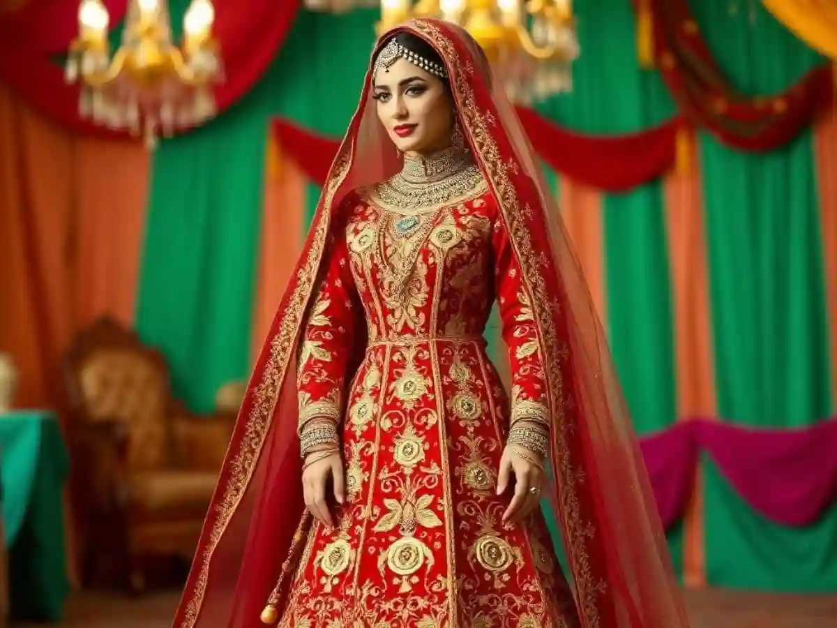 A stunning Southern Iraqi wedding dress featuring vibrant colors, intricate hand-embroidery, and flowing fabric, worn by brides in Southern Iraq. A stunning Southern Iraqi wedding dress featuring vibrant colors, intricate hand-embroidery, and flowing fabric, worn by brides in Southern Iraq.