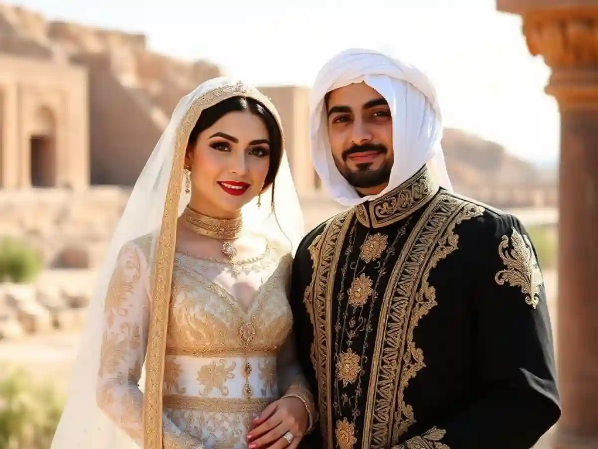 A beautiful bride wearing a traditional Iraqi wedding dress, featuring intricate embroidery and luxurious fabric, standing alongside her groom. A beautiful bride wearing a traditional Iraqi wedding dress, featuring intricate embroidery and luxurious fabric, standing alongside her groom.