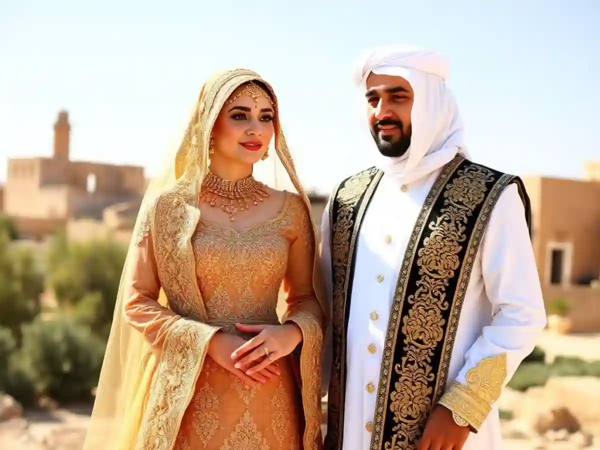 The groom wearing traditional Iraqi wedding attire, featuring a dishdasha and a headpiece, standing proudly beside his bride. The groom wearing traditional Iraqi wedding attire, featuring a dishdasha and a headpiece, standing proudly beside his bride.