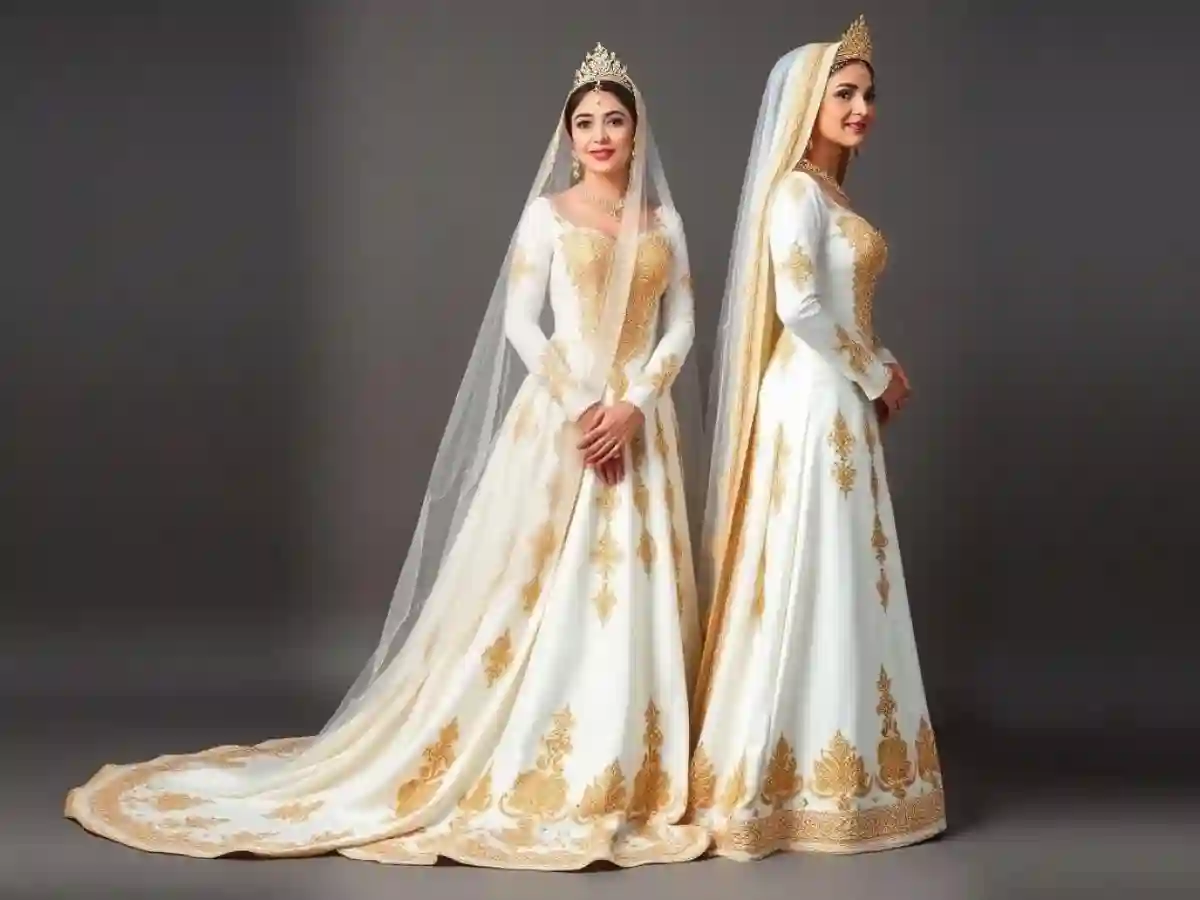 Two brides in stunning traditional Iraqi wedding dresses, each adorned with intricate embroidery, vibrant colors, and cultural designs, celebrating their special day. Two brides in stunning traditional Iraqi wedding dresses, each adorned with intricate embroidery, vibrant colors, and cultural designs, celebrating their special day.