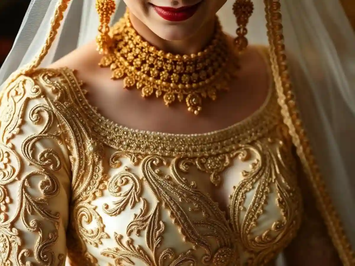 Close-up of intricate embroidery, beadwork, and fabric details on a traditional Iraqi wedding dress, highlighting the craftsmanship and cultural symbols. Close-up of intricate embroidery, beadwork, and fabric details on a traditional Iraqi wedding dress, highlighting the craftsmanship and cultural symbols.