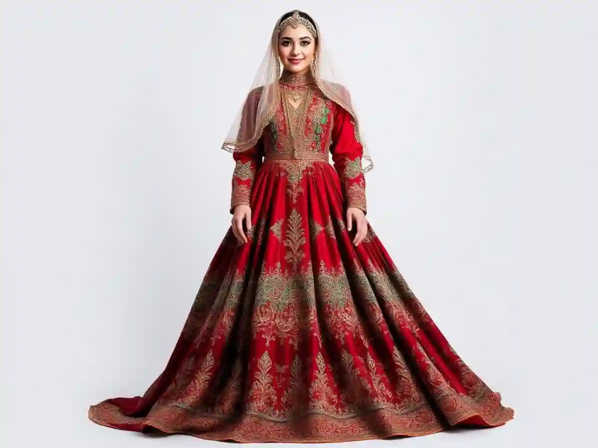 "Traditional Iraqi wedding dress with vibrant colors and intricate gold embroidery, shown from head to toe." "Traditional Iraqi wedding dress with vibrant colors and intricate gold embroidery, shown from head to toe."
