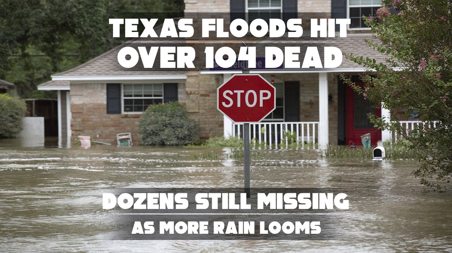 Flooded Texas neighborhood submerged under heavy rainfall with rescue teams searching for survivors.