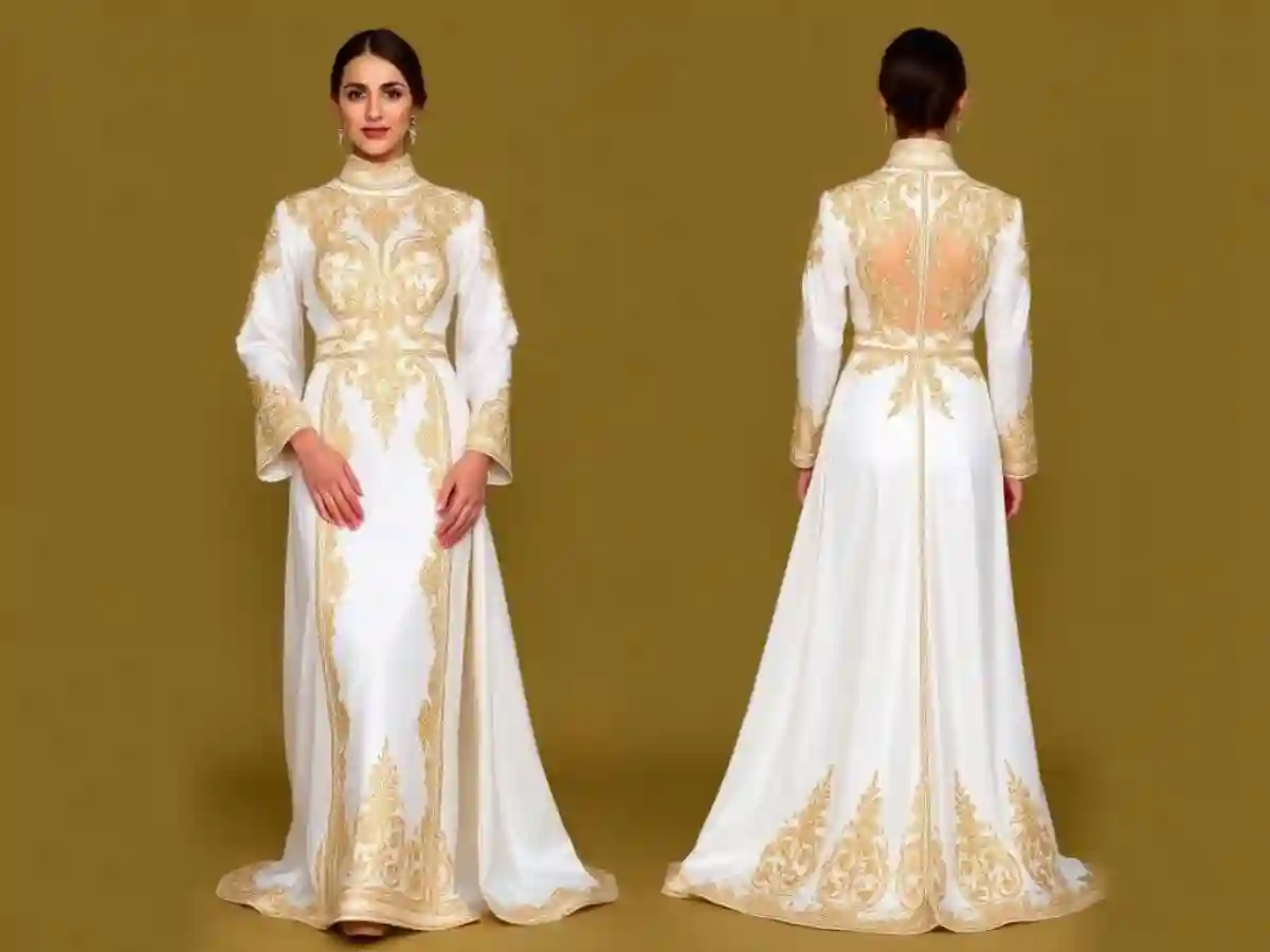 A stunning Thobe Nashel, a traditional Iraqi wedding dress, showcasing intricate embroidery, vibrant colors, and elegant fabric details. A stunning Thobe Nashel, a traditional Iraqi wedding dress, showcasing intricate embroidery, vibrant colors, and elegant fabric details.