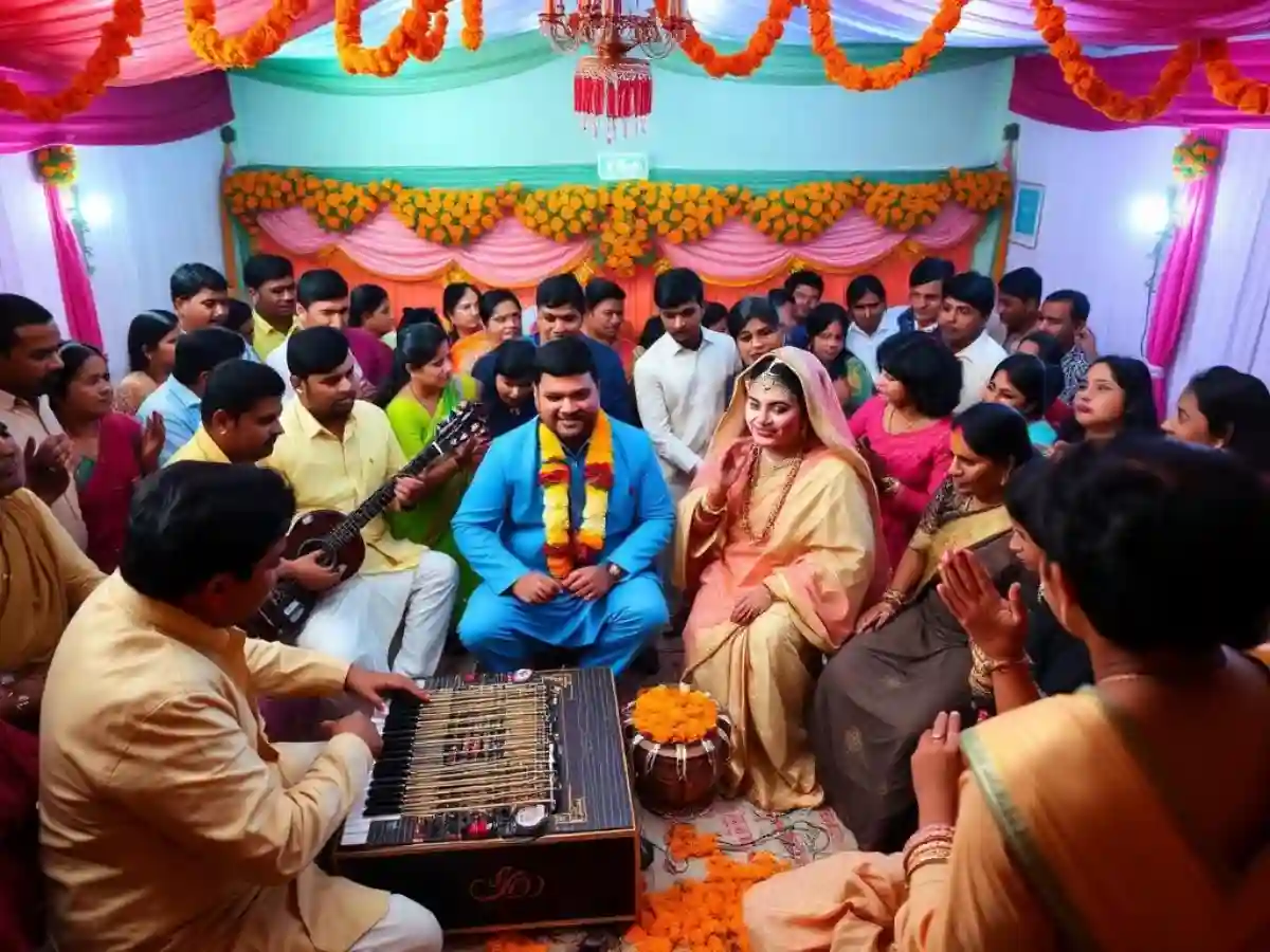 Traditional Bengali wedding music being performed during the ceremony, filling the atmosphere with joy, devotion, and cultural richness. Traditional Bengali wedding music being performed during the ceremony, filling the atmosphere with joy, devotion, and cultural richness.