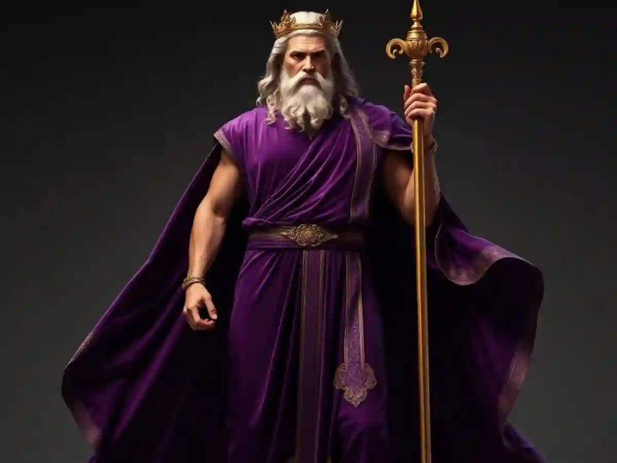 Zeus, King of the Greek Gods, draped in a regal toga, holding a thunderbolt, symbolizing authority, power, and control over the sky in Greek mythology. Zeus, King of the Greek Gods, draped in a regal toga, holding a thunderbolt, symbolizing authority, power, and control over the sky in Greek mythology.