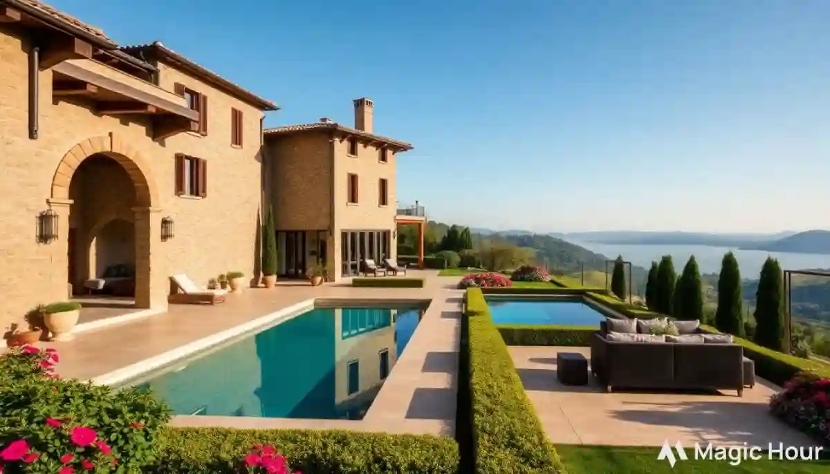 A luxury villa with Italian-inspired architecture, featuring ornate detailing, grand arches, and lush gardens. A luxury villa with Italian-inspired architecture, featuring ornate detailing, grand arches, and lush gardens.