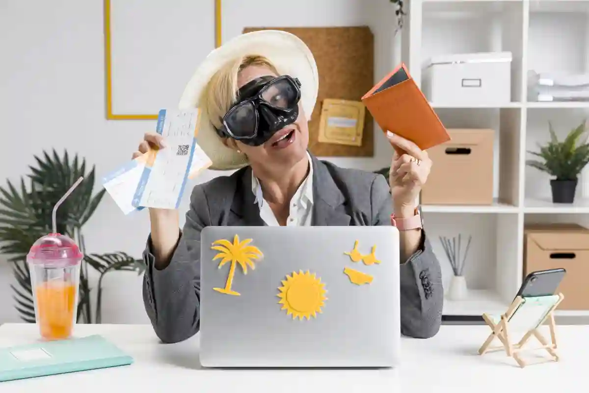A woman in office attire, with a suitcase beside her, ready to leave for her summer holiday after finishing work. A woman in office attire, with a suitcase beside her, ready to leave for her summer holiday after finishing work.