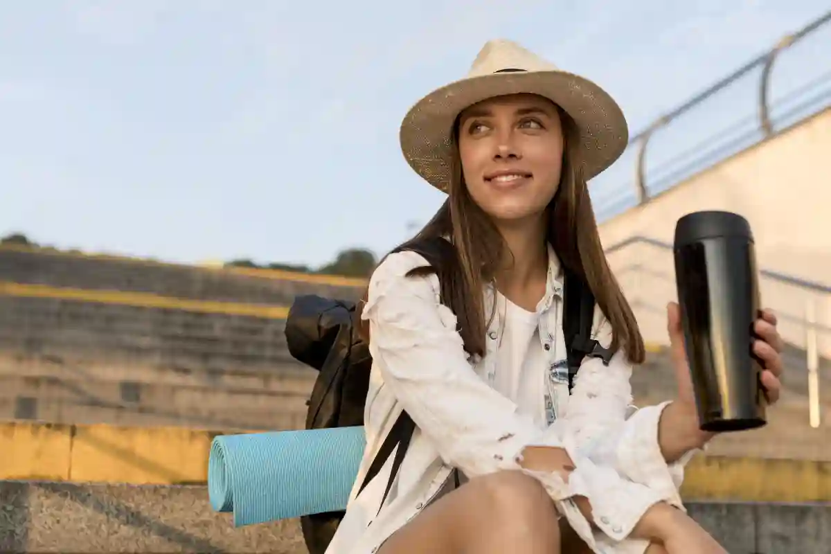 A smiling woman holding a thermos and wearing a hat and backpack, ready for her next adventure while traveling. A smiling woman holding a thermos and wearing a hat and backpack, ready for her next adventure while traveling.