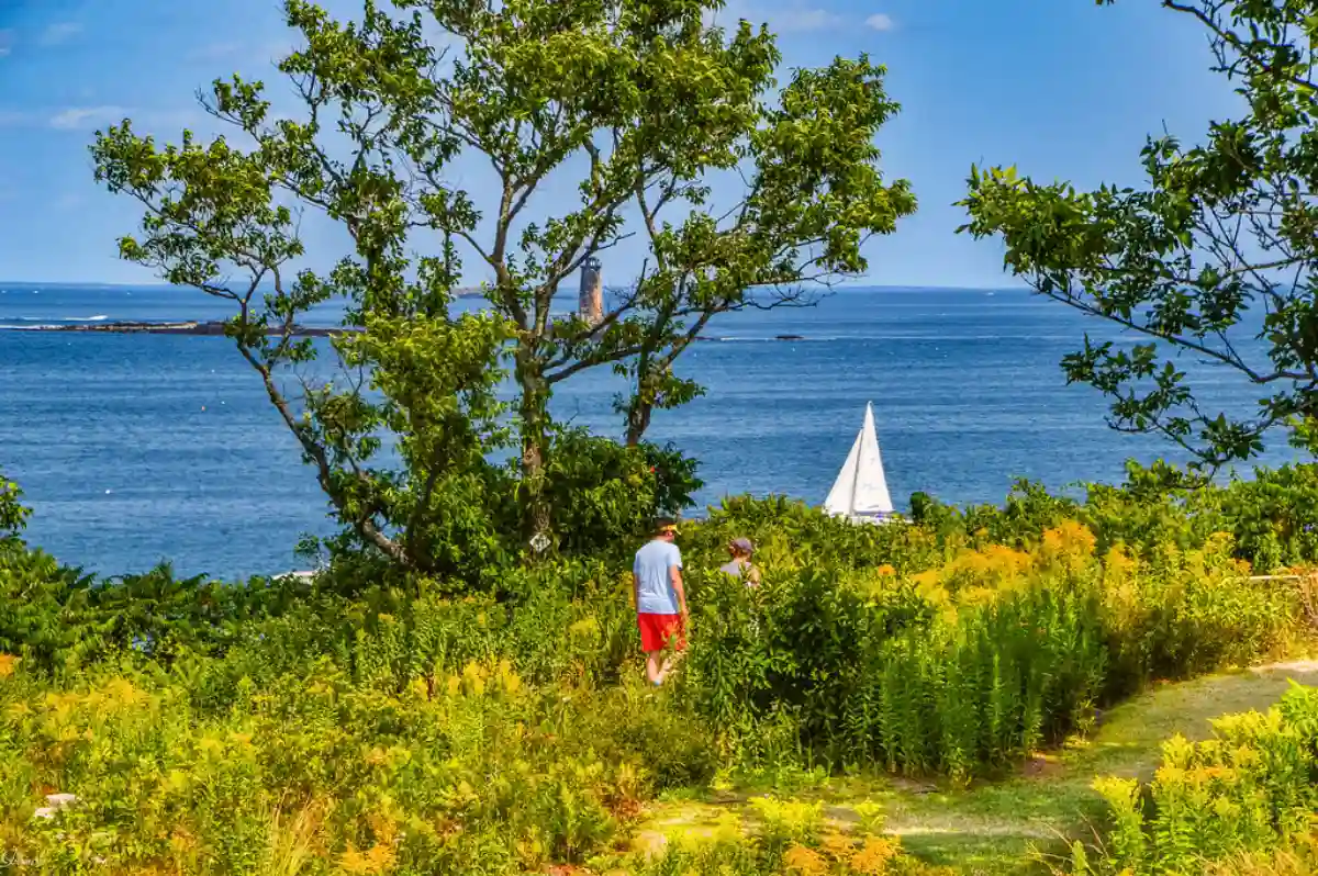 A peaceful walk through the lush plants and grasses at Fort Williams Park, with a stunning view of Casco Bay in the background. A peaceful walk through the lush plants and grasses at Fort Williams Park, with a stunning view of Casco Bay in the background.