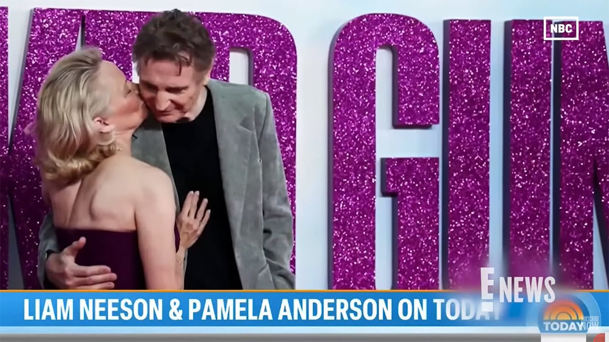 Liam Neeson and Pamela Anderson pose together at The Naked Gun premiere, sparking romance rumors. Liam Neeson and Pamela Anderson pose together at The Naked Gun premiere, sparking romance rumors.