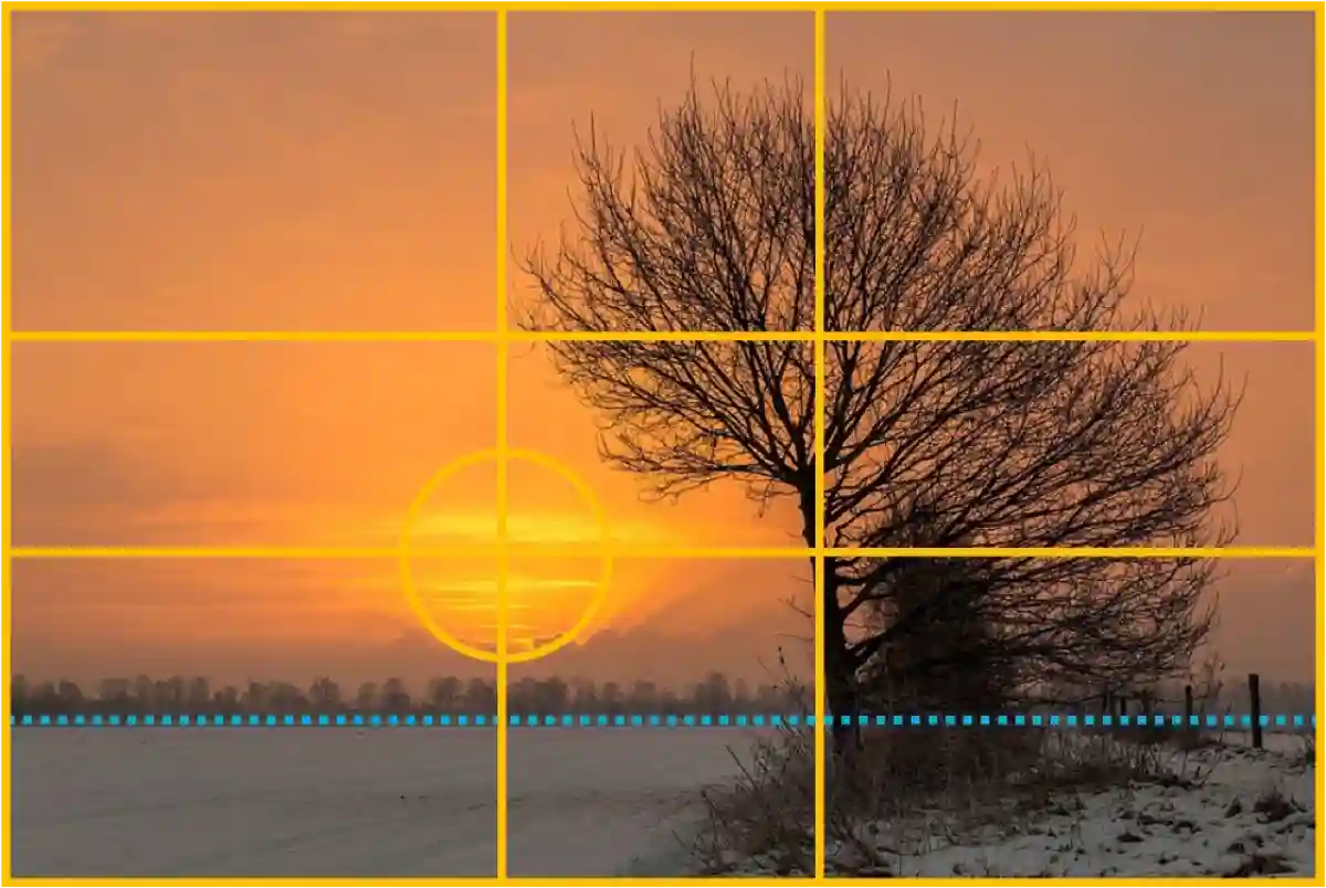 A serene winter sunrise near Hausdülmen, Dülmen, with a golden compositional grid showing the Rule of Thirds. A serene winter sunrise near Hausdülmen, Dülmen, with a golden compositional grid showing the Rule of Thirds.