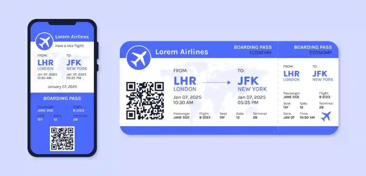 A close-up of a boarding pass, an essential travel document for first-time flyers, showing flight details and gate information. A close-up of a boarding pass, an essential travel document for first-time flyers, showing flight details and gate information.