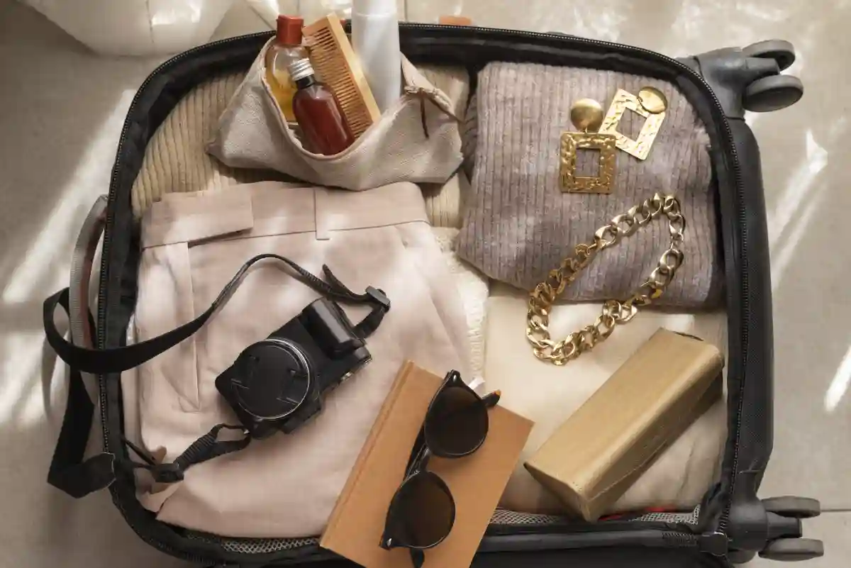 An open suitcase revealing a neatly packed dress, sunglasses, and toiletries bag, organized for a smooth trip. An open suitcase revealing a neatly packed dress, sunglasses, and toiletries bag, organized for a smooth trip.