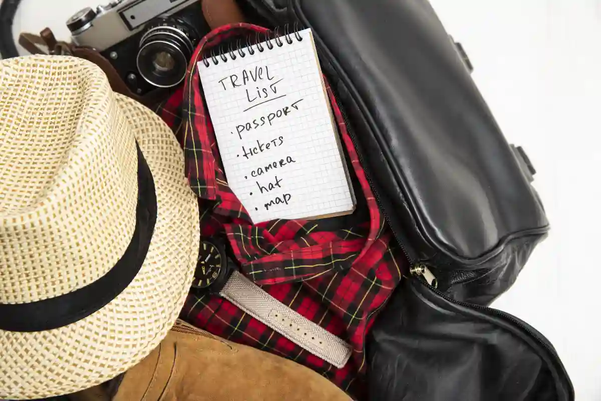 A travel packing list featuring clothes, a hat, and a camera, all neatly laid out and ready for an adventure. A travel packing list featuring clothes, a hat, and a camera, all neatly laid out and ready for an adventure.