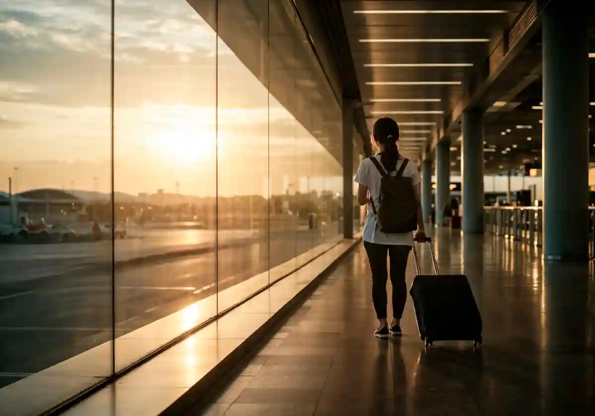 A woman walking confidently through the airport, carrying her luggage as she heads to her gate for her first flight. A woman walking confidently through the airport, carrying her luggage as she heads to her gate for her first flight.