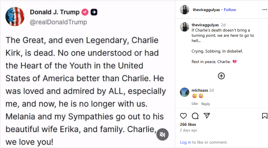 Trump's tweet about Charlie Kirk's death Trump's tweet about Charlie Kirk's death