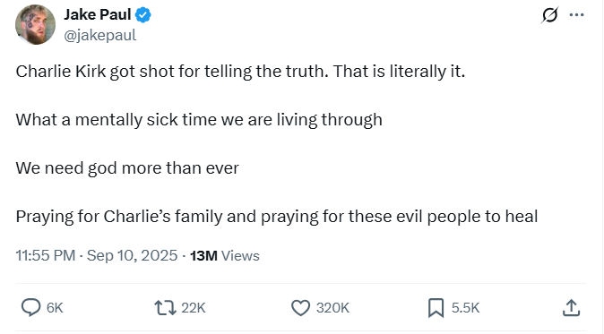 Jake Paul's tweet about Charlie Kirk's death Jake Paul's tweet about Charlie Kirk's death
