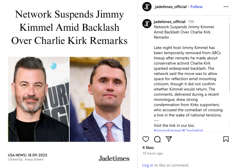 Network Suspends Jimmy Kimmel Amid Backlash Over Charlie Kirk Remarks Network Suspends Jimmy Kimmel Amid Backlash Over Charlie Kirk Remarks