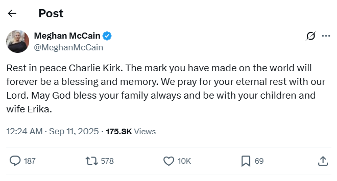 Meghan McCain's tweet about Charlie Kirk's death Meghan McCain's tweet about Charlie Kirk's death