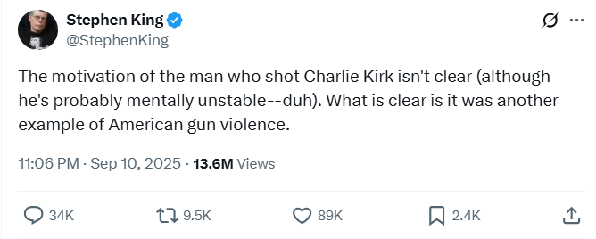 Stephan King's tweet about Charlie Kirk's death Stephan King's tweet about Charlie Kirk's death