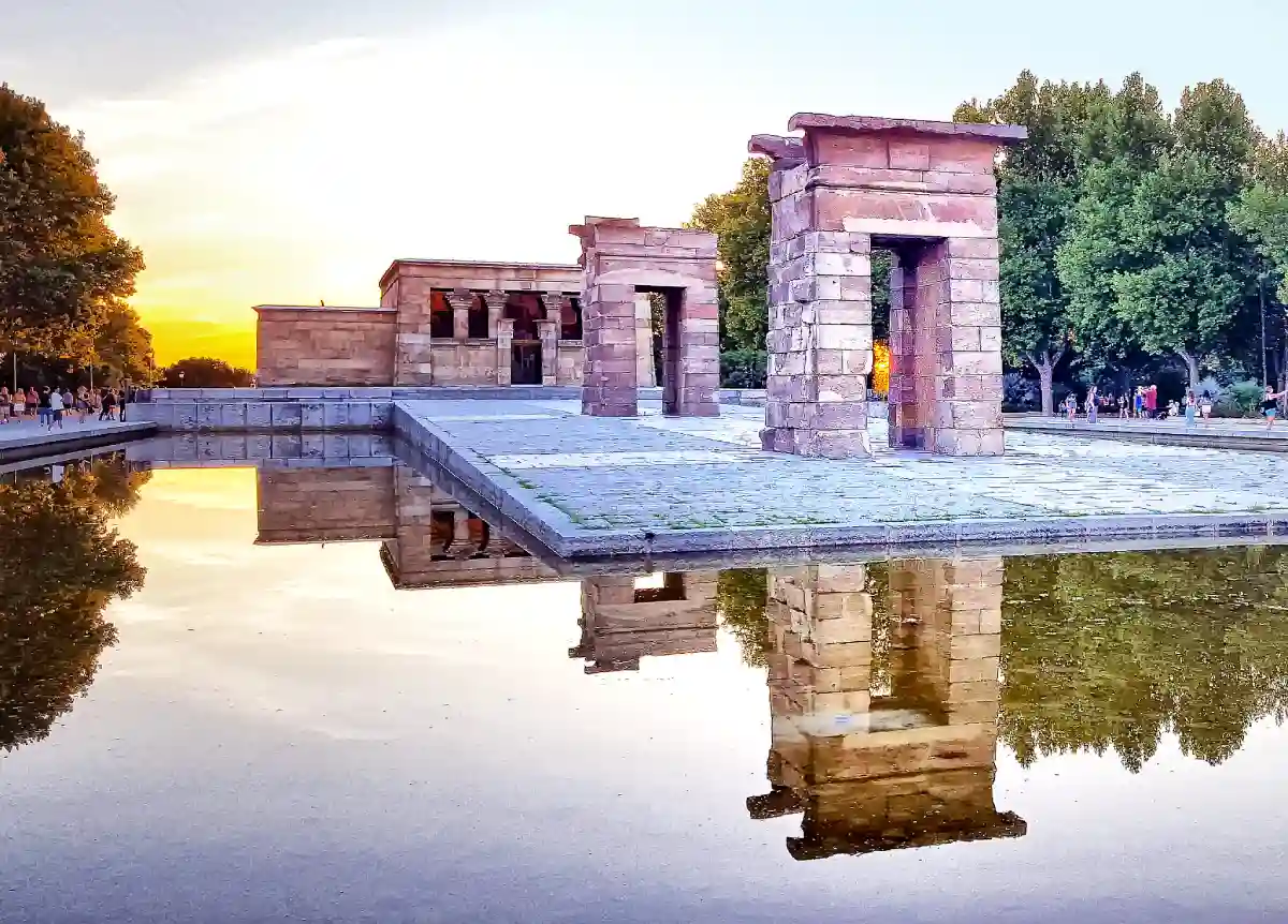 The Temple of Debod at sunset, one of the unique things to do in Madrid, with its ancient Egyptian architecture and scenic backdrop. The Temple of Debod at sunset, one of the unique things to do in Madrid, with its ancient Egyptian architecture and scenic backdrop.