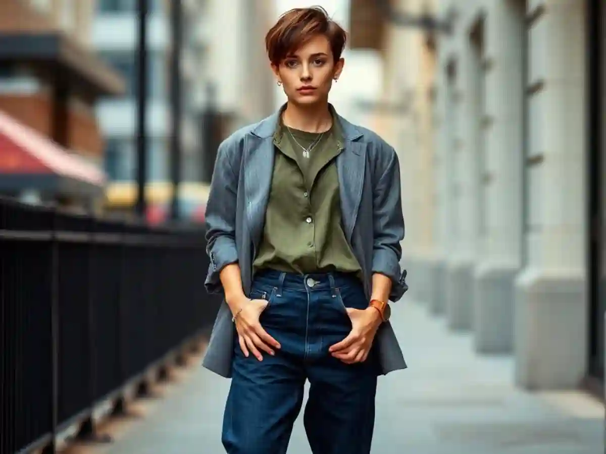 A confident young woman with a strong, androgynous look. She has short, tousled pixie hair, a sharp jawline, and minimal makeup. A confident young woman with a strong, androgynous look. She has short, tousled pixie hair, a sharp jawline, and minimal makeup.