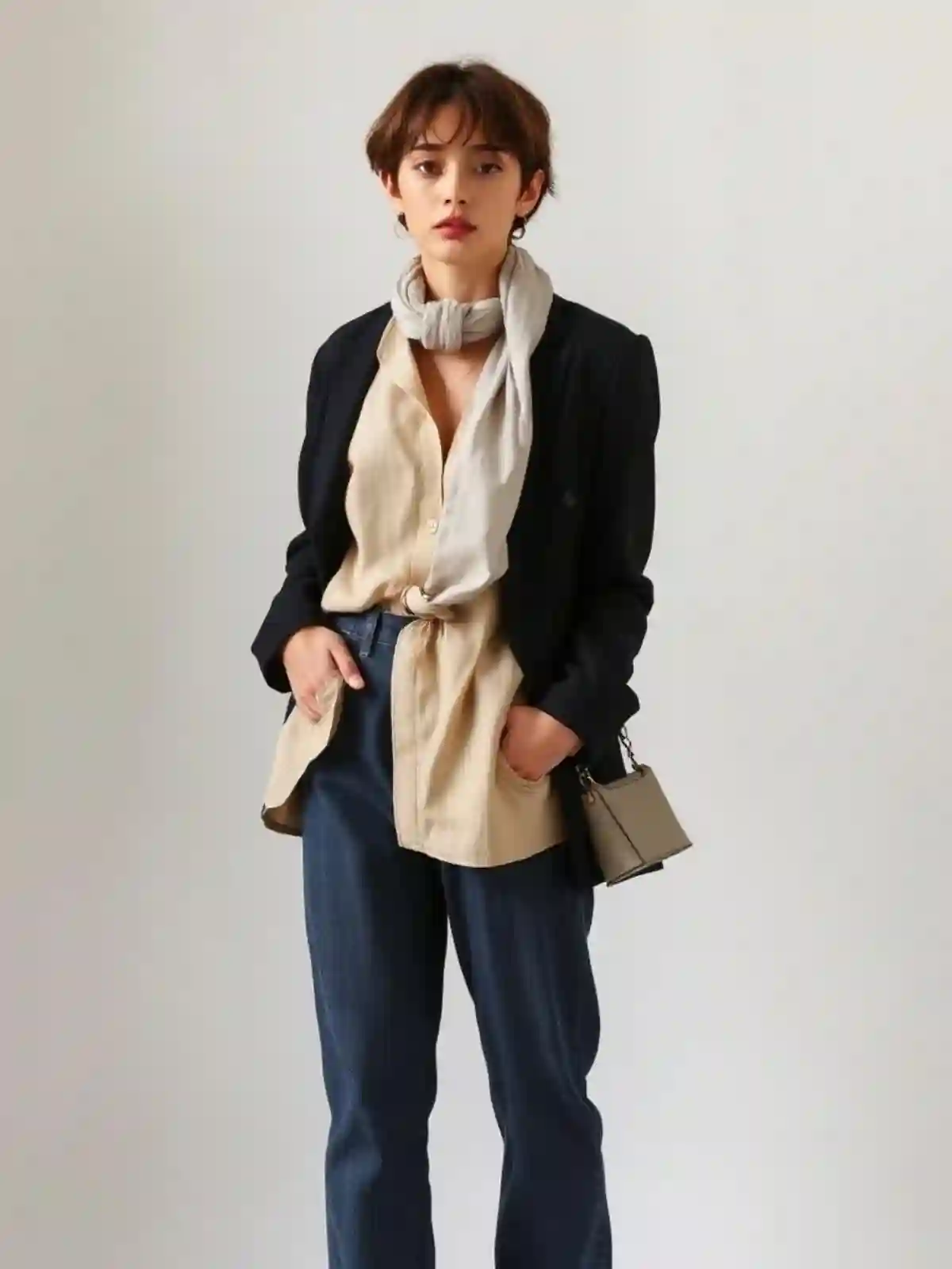 A woman wearing Tradlands clothing in a tomboy style—classic, tailored pieces like a button-up shirt and relaxed trousers, exuding confidence and comfort. A woman wearing Tradlands clothing in a tomboy style—classic, tailored pieces like a button-up shirt and relaxed trousers, exuding confidence and comfort.