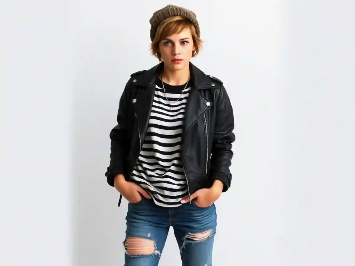 A young woman with short pixie hair and an angular face, wearing a striped oversized shirt tucked into distressed denim jeans, layered with a black leather jacket, and finished with chunky boots for an edgy tomboy look. A young woman with short pixie hair and an angular face, wearing a striped oversized shirt tucked into distressed denim jeans, layered with a black leather jacket, and finished with chunky boots for an edgy tomboy look.