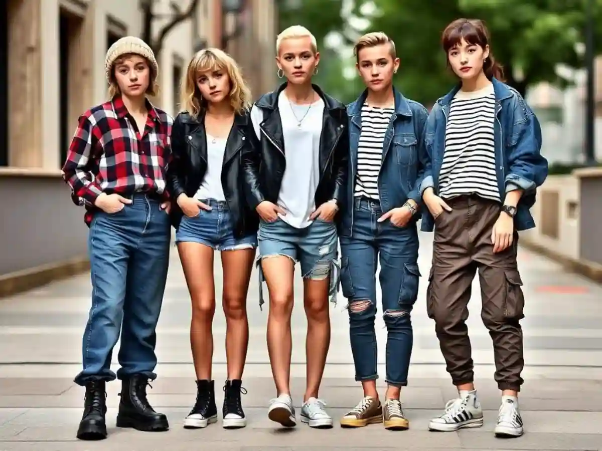 group of three young women, each with a unique tomboy style but sharing the same confident, androgynous vibe group of three young women, each with a unique tomboy style but sharing the same confident, androgynous vibe