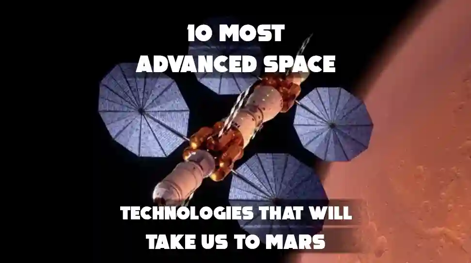 The image is a title card for a presentation or video about the technologies required for human exploration of Mars, featuring a depiction of a proposed spacecraft concept.