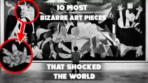 The image displays a large, monochromatic mural by Pablo Picasso, titled Guernica. The text overlay in the image labels the artwork as one of the "10 most bizarre art pieces that shocked the world."