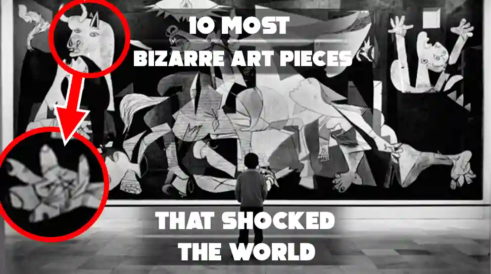 The image displays a large, monochromatic mural by Pablo Picasso, titled Guernica. The text overlay in the image labels the artwork as one of the "10 most bizarre art pieces that shocked the world."