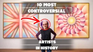 The image is a promotional graphic for a feature about controversial artists, highlighting the American artist Judy Chicago.