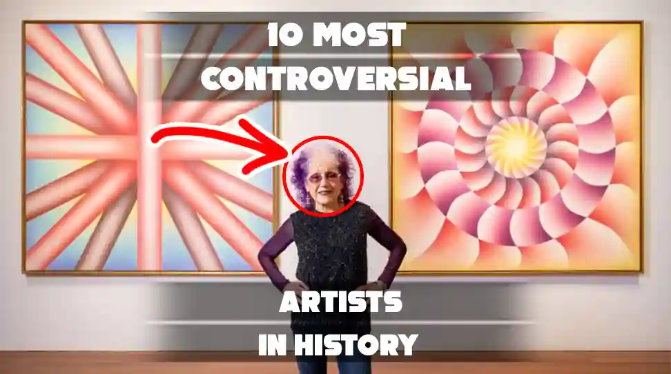 The image is a promotional graphic for a feature about controversial artists, highlighting the American artist Judy Chicago.