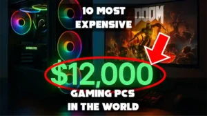 The image is a thumbnail for a video or article titled "10 Most Expensive Gaming PCs in the World". It features an image of a high-end gaming PC with a GeForce RTX graphics card, a monitor displaying a game from the DOOM franchise, and a prominent "$12,000" price tag.