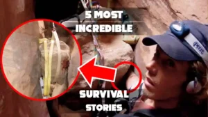 The image is a thumbnail for a video about Aron Ralston, the mountain climber who became trapped in an isolated Utah canyon in 2003.
