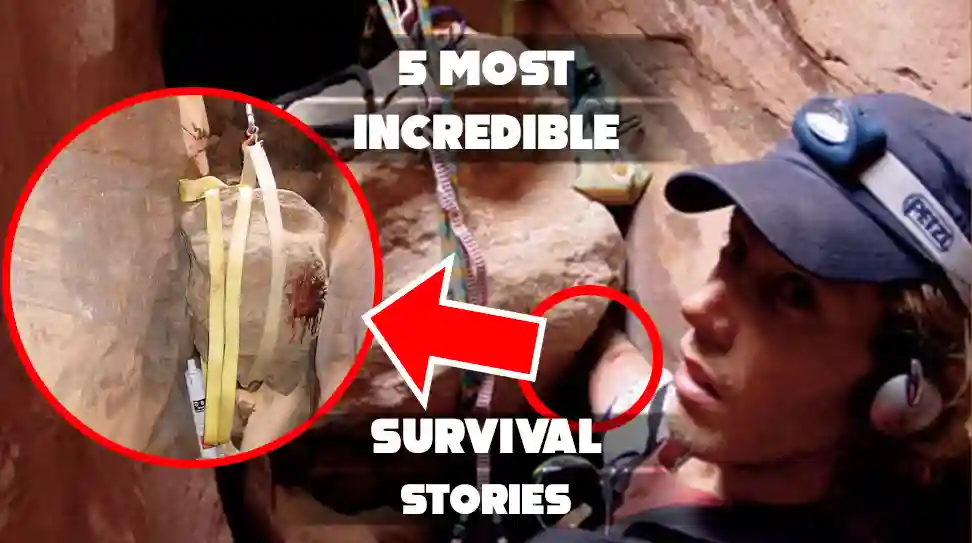 The image is a thumbnail for a video about Aron Ralston, the mountain climber who became trapped in an isolated Utah canyon in 2003.