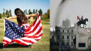 The image displays two distinct scenes: a person with an American flag and the historic Plaza San Martín in Lima, Peru.