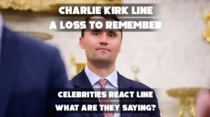 Charlie Kirk death reactions: The conservative activist standing in a formal setting; headline asks what celebrities are saying.