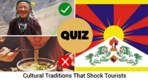 The image is a quiz titled "Cultural Traditions That Shock Tourists" that presents examples of customs that might seem unusual to visitors.