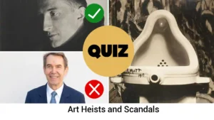 The image presents a conceptual homework problem about "Art Heists and Scandals" and asks to identify which artist is associated with the 1917 artwork Fountain, a porcelain urinal signed "R. Mutt".