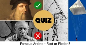 Famous Artists – Fact or Fiction?" with da Vinci portrait (✓), Picasso (❌), sketch, parachute, and bold QUIZ text.