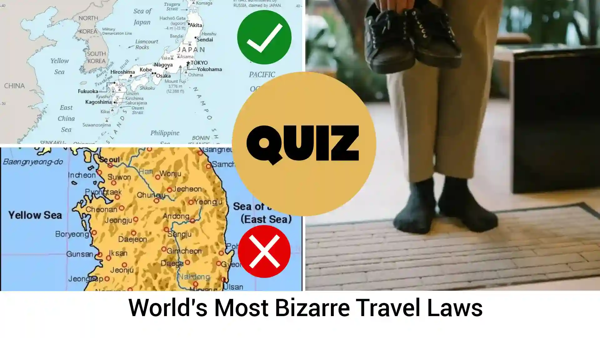 The image is a graphic for a quiz titled "World's Most Bizarre Travel Laws". It is split into two main visual sections with text overlays. The image is a graphic for a quiz titled "World's Most Bizarre Travel Laws". It is split into two main visual sections with text overlays.