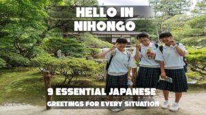 Japanese friends greeting each other with warm smiles, illustrating Hello in Nihongo.