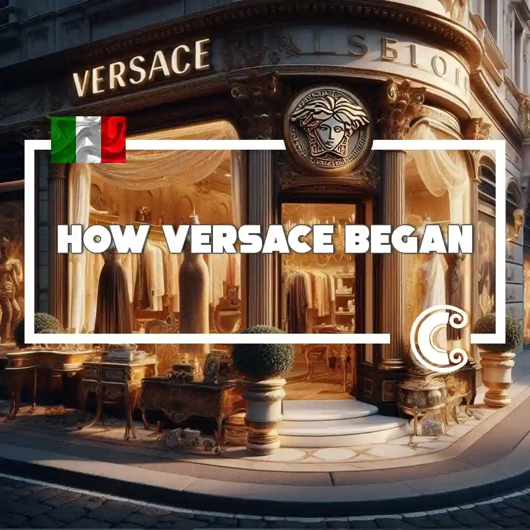 The image is a graphic about the Italian luxury fashion house Versace. The text "HOW VERSACE BEGAN" suggests content relating to the brand's history.