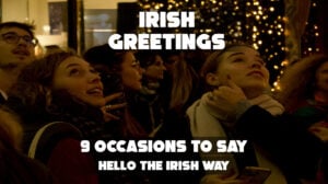 Traditional Irish greetings shared in a cozy village pub.