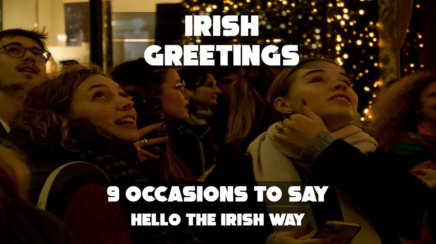 Traditional Irish greetings shared in a cozy village pub.