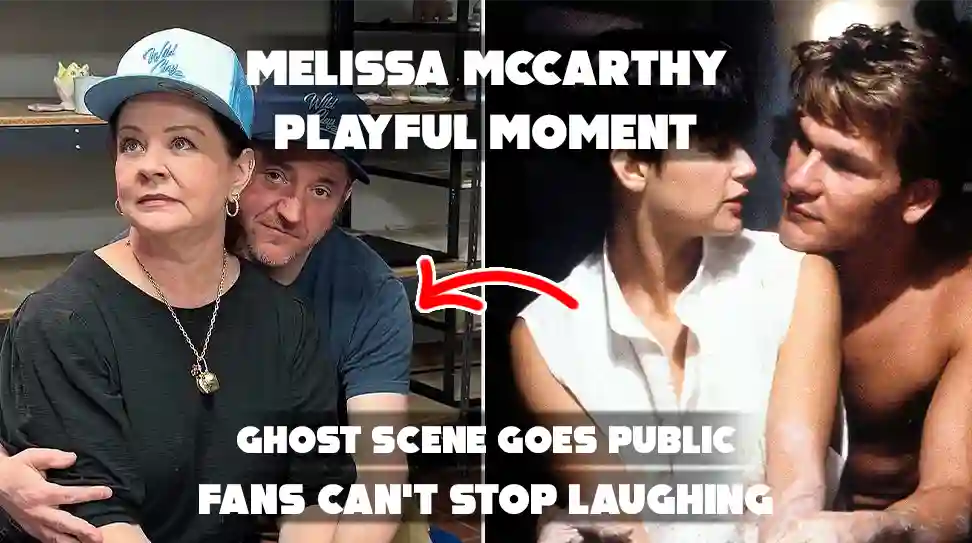 The image features actress Melissa McCarthy and her husband Ben Falcone humorously recreating the iconic pottery scene from the 1990 film Ghost.